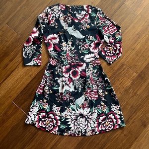 Nicole Miller 3/4 sleeve Floral Crane Black Red Pink Midi Dress Size 0.